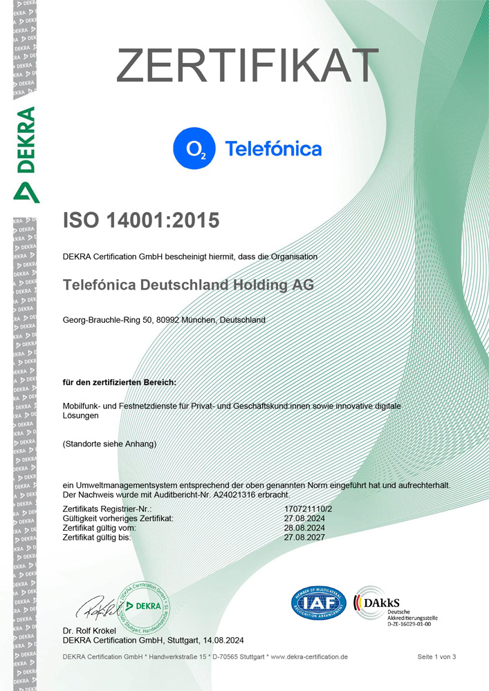 ISO-Zertifikat 14001:2015 Telefónica Deutschland Holding AG. Klick vergrößert das Bild.
