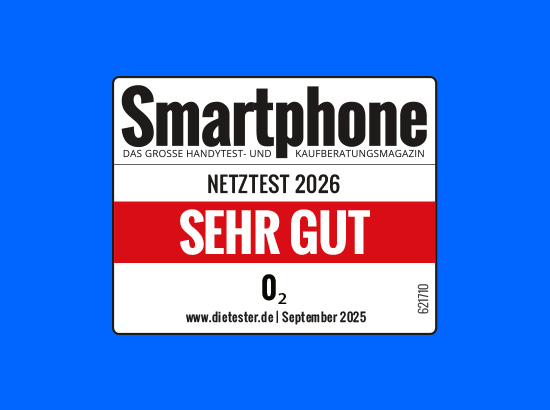 Smartphone Magazin Netztest: Note „Sehr gut“ für das o2 Netz. Link führt zur Pressemeldung