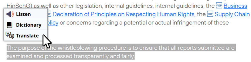 Screenshot explanation Translation function